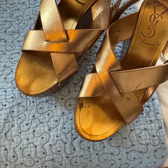 YVES STAINT LAURENT Gold Wedge Heel Size 37 spring summer open toe - Picture 4 of 8